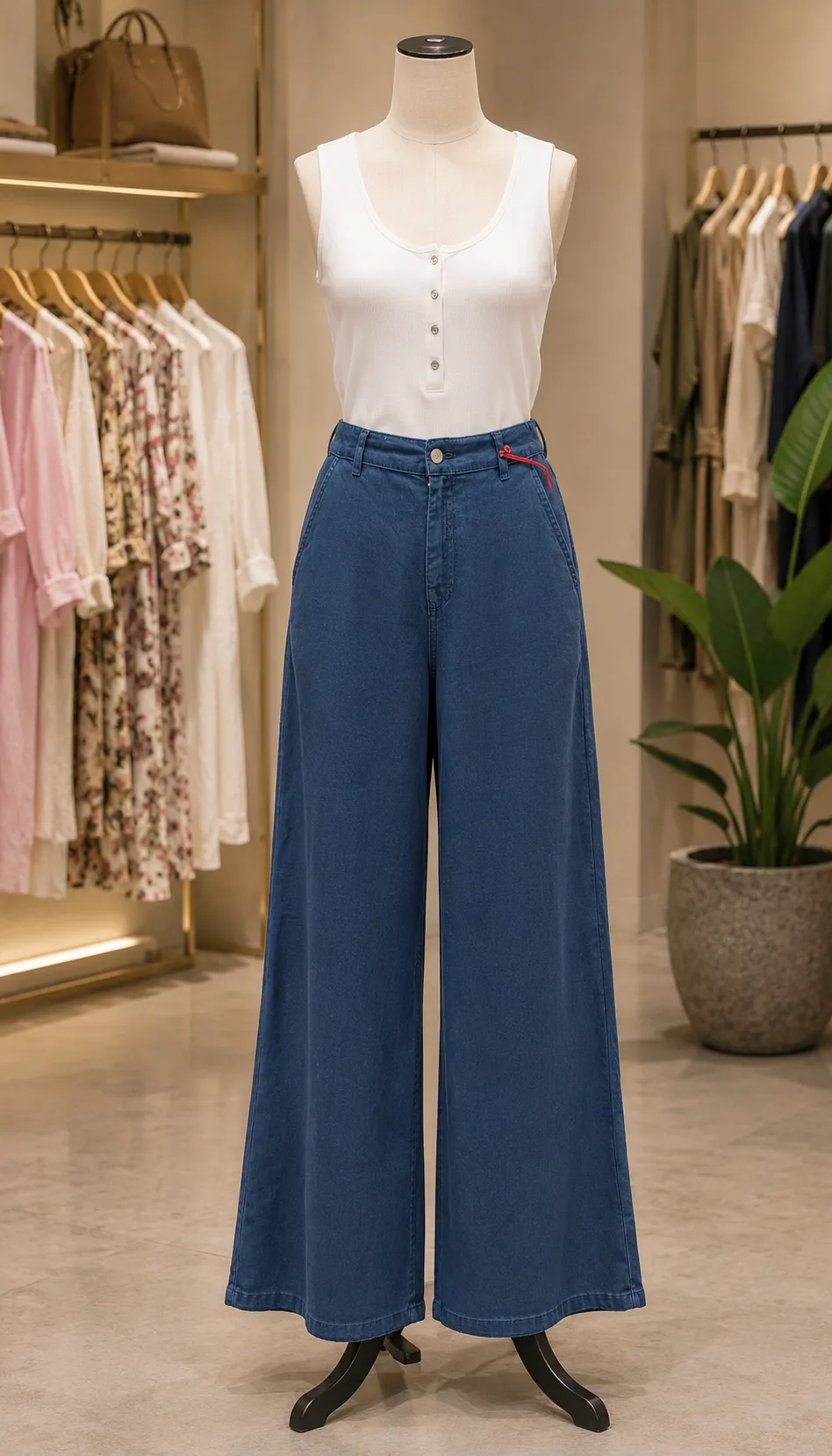 Keng Paçali Ko'k Denim Ayollar Shim – Zamonaviy Casual Uslub